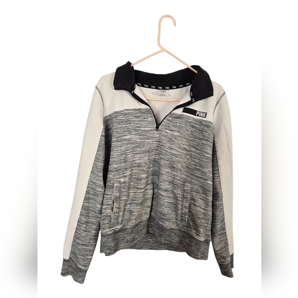 PINK VICTORIAS SECRET Women's Large 1/4 ZIP Gray Pullover Sweatshirt - Picture 2 of 5